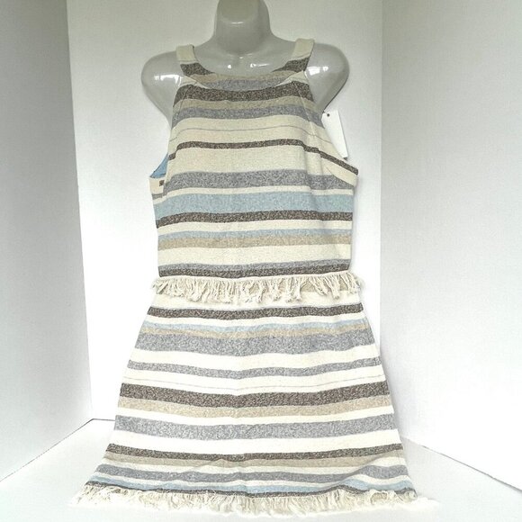Tory Burch Mini Fringed Boho Dress 10 Ivory Sleeveless Cotton Sheath Stripe - Picture 2 of 14